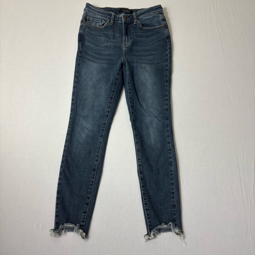 Judy Blue Jeans 7/28 Womens Skinny Shark Bite Hem Distressed Dark Wash Mid Rise